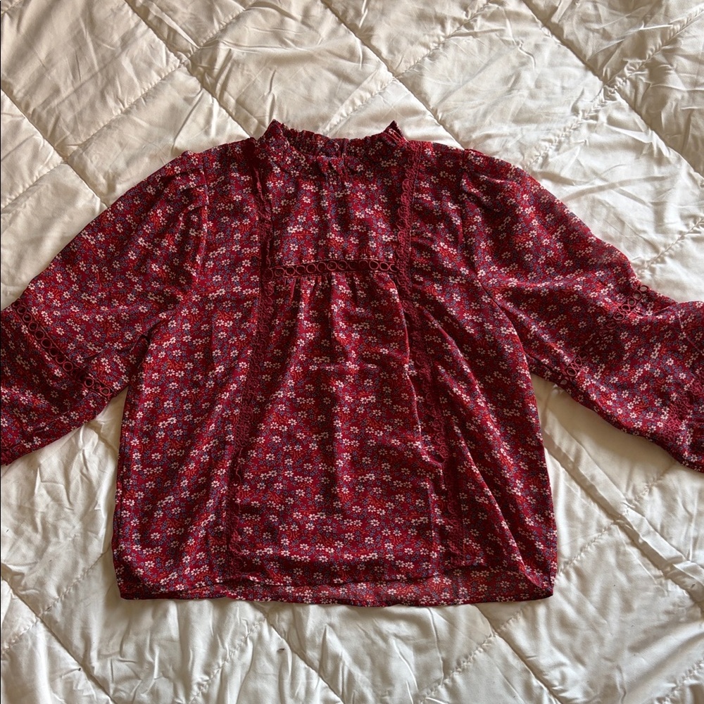 Red Floral Long-Sleeve Peasant Blouse